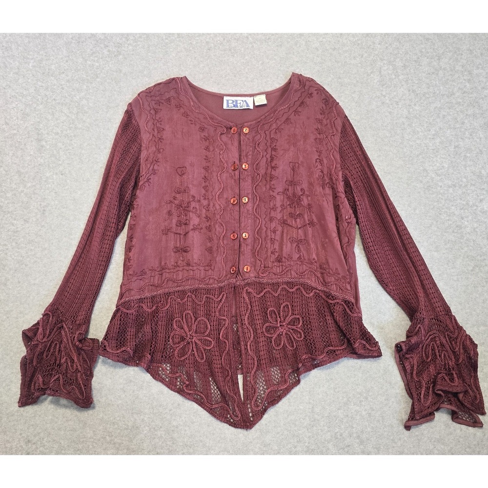 BFA Classics Blouse Womens MP Burgundy Boho Embroidered Crochet Fairy Whimsigoth - Picture 5 of 14